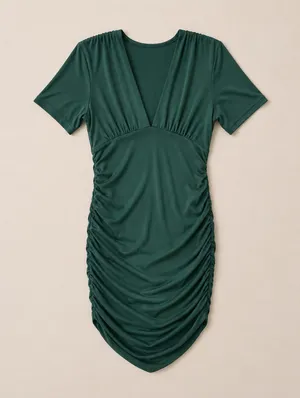 Plunging Ruched Bodycon Mini Dress Emerald Green Deep V Neck Short Sleeve Medium thumbnail 2