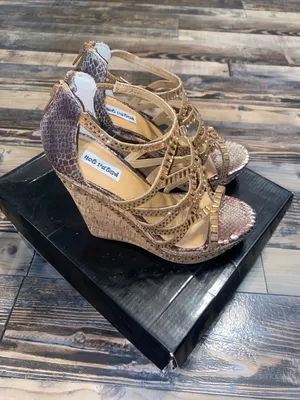Not Rated Metallic Gold and Taupe Snake-Print Wedge Sandals thumbnail 1