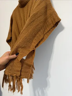 Ultra Flirt Cozy Fringe Mock Neck Poncho in Tan/Brown thumbnail 6