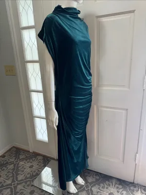 ANTHROPOLOGIE The Maya Stretch Velvet Cowl-Neck Em Teal Velvet Ruched Dress S XL thumbnail 12