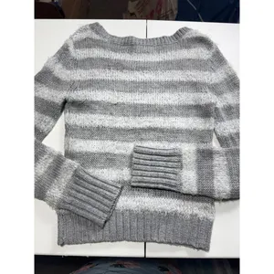 FANG Grey White Striped Fuzzy‎ Knit Crew Neck Sweater Womens Medium Pullover thumbnail 3