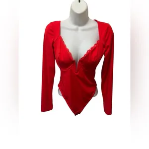 Popilush Shapewear Long Sleeve Lace Trim V-Neck Bodysuit Sz M/4-6 Red Coquette thumbnail 3