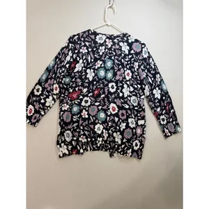 LOFT Navy Floral Button-Front Cardigan with Pink, Teal and White Blooms thumbnail 4