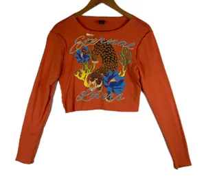 Urban Outfitters Eternal Lovers Tiger Long Sleeve Crop‎ Top Orange Large Y2K thumbnail 1