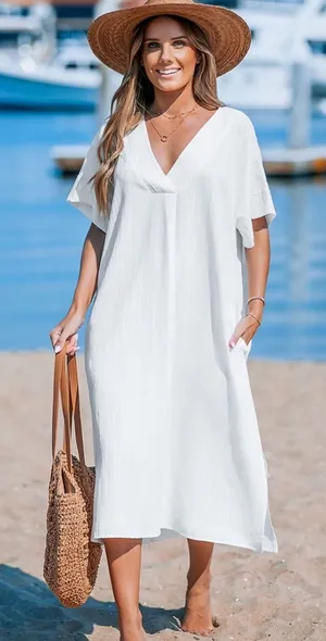 Cupshe White Crinkle V-Neck Midi Kaftan Dress with Pockets Size M thumbnail 1