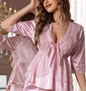 Cute chic satin lace trim short sleeve top thumbnail 1
