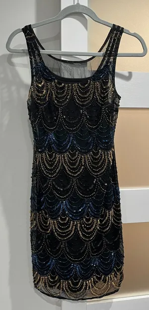 Vintage Art‎ Deco Beaded Scallop Mini Dress Navy Gold Iridescent Flapper thumbnail 1