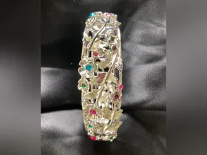 Silver Floral Bangle Bracelet w/ Pink, Green and Teal Crystal Accents thumbnail 6