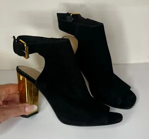 Kate Spade Black suede peep toe gold block heeled sandals WOMENS 6.5 thumbnail 1