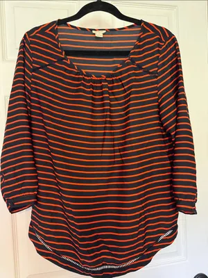 J. Crew Women’s Navy & Orange Striped Scoop Neck Blouse thumbnail 1