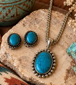 Vintage Faux Turquoise Necklace Clip On Earrings Set Southwestern Boho 18" thumbnail 1