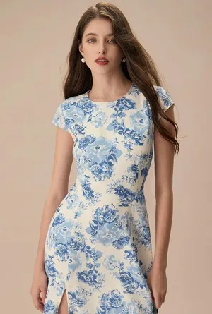 RIHOAS The Blue Round Neck Cap Sleeve Floral Midi Dress 76 thumbnail 4