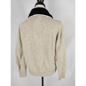 Women's Cable Knit Cardigan Sweater Cream Faux Fur Collar Open Front thumbnail 2