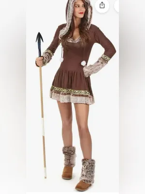 Kissing Eskimo Costume XL Women's Brown Faux-Fur Trim Mini Skirt n Boot Covers thumbnail 2