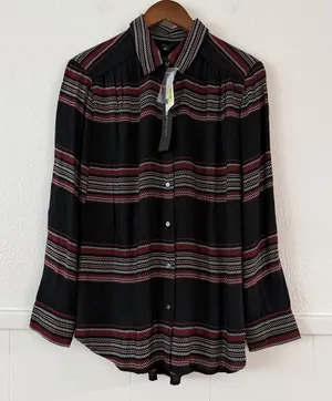 Intro Love the Fit Women’s Button Front Blouse Size M Black Red Stripe Rayon NWT thumbnail 1