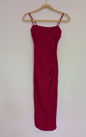 Red Glitter Ruched Strappy Bodycon long Dress Sleeveless Pullover Women XS thumbnail 3