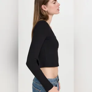 Reformation Billie Knit Top Ribbed Cropped Black Long Sleeve Medium $98 thumbnail 6