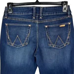 Wrangler SZ 9/10 Bootcut Jeans Mid-Rise Stretch Zip-Fly Whiskered Dark Wash Blue thumbnail 5