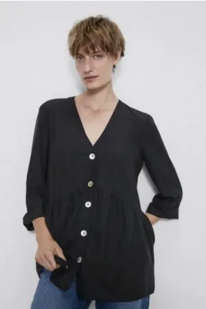 ZARA Voluminous Black Button Front Shirt Size Medium thumbnail 1
