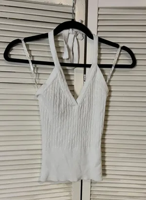 Small White Ribbed Cotton Halter Top thumbnail 1