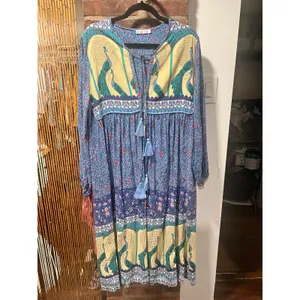 R. Vivimos Blue Peacock Floral Boho Tassel Midi Peasant Dress XL thumbnail 2