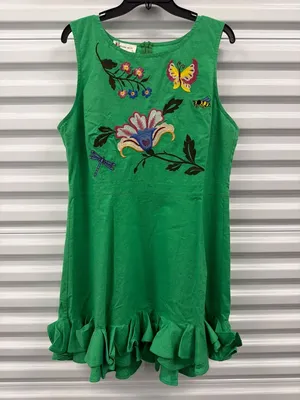 Fanm Mon Flirt Embroidered Ruffle Mini Dress Kelly Green Womens Size XS thumbnail 4