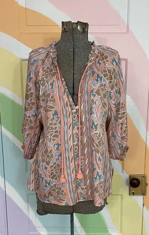 Omika Cala Blouse in Nitara Peach Peasant Boho Tassel Sz M 💛🎀 thumbnail 1