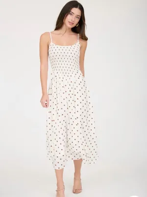 Blu Pepper White Polka Dot Smocked Basque Waist Midi Dress Medium thumbnail 2