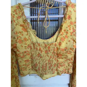 Free People Yellow Floral Smocked Back Ruffle Crop Top Long Sleeve Size Medium thumbnail 5