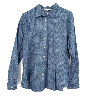 Loft Size Large Long Sleeve Button Up Shirt Top Blouse 100% Cotton Blue thumbnail 1