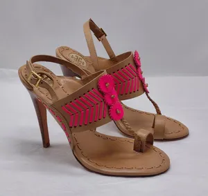 Tory Burch Womens High Heel Sandals Size 7.5 Tan Pink Leather Party Night Out thumbnail 1