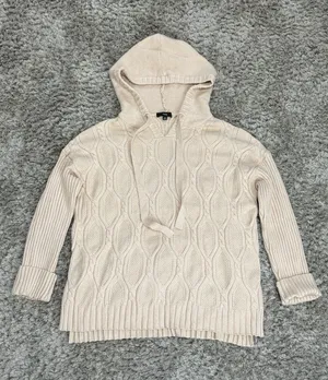 FATE Women Cable Knit Hoodie Sweater Cream Beige Long Sleeve Pullover Size M thumbnail 1