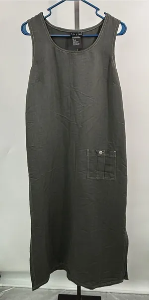 Vintage Pellini Maxi Dress L Olive Green Rayon Lagenlook Pocket 90s thumbnail 1