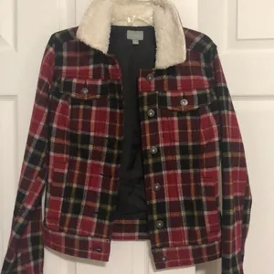 Plaid Wool Coat with Sherpa Collar thumbnail 1
