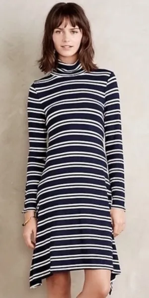 Anthropologie MAEVE Navy Blue White Striped Turtleneck‎ Jersey Knit Dress Small thumbnail 1