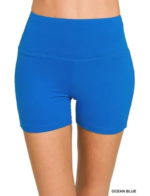 Zenana Outfitters Brushed Microfiber Wide Waistband Biker Shorts - Ocean Blue -‎ Large thumbnail 1