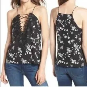 WAYF posie Strappy camisole womens S Black Floral Lace Up Front Sleeveless thumbnail 2