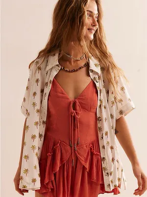 Free People Brielle Coral Tie-Front Ruffle Romper NWOT Large thumbnail 3
