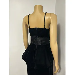 Vintage Night Way Black Velvet Peplum Dress Rhinestone Bow Halter 80s Glam 12 thumbnail 16