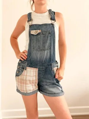 Vintage lei Blue Denim Short Overalls with Pink Plaid Patchwork Pockets thumbnail 4