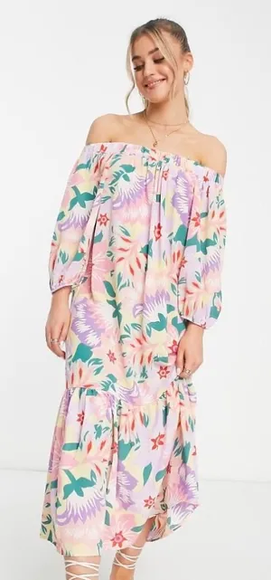 ASOS‎ DESIGN Trapeze Floral Maxi Dress Off The Shoulder Long Sleeve Tiered US 10 thumbnail 1