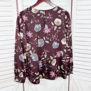 Vince Camuto Floral‎ Puff Sleeve Button Front Blouse Brown Pink Small Wildflower thumbnail 8