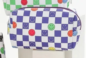 Purple and White Checkered Smiley Face Cosmetic Pouch Wristlet thumbnail 1