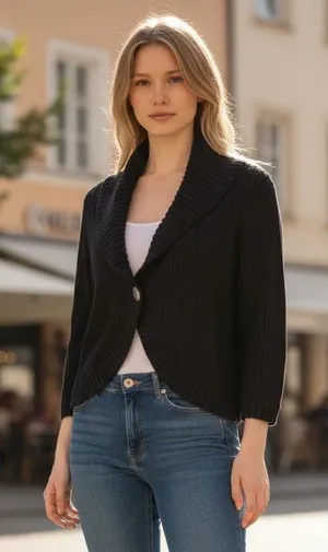 Kenneth Cole Reaction Black Cropped Ribbed Cardigan Shawl Collar‎ 1 Button Large thumbnail 1