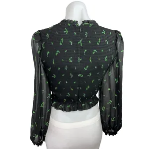 Aritzia Wilfred Lilith Black Leaf Print Smocked Puff Sleeve Ruffle Crop Blouse S thumbnail 2
