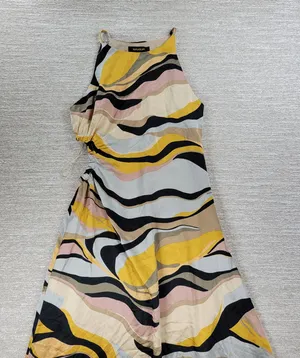 Sugarlips Lourdes Cut Out Dress Womens Large Yellow Tan Ruched Midi Silky Lined thumbnail 1
