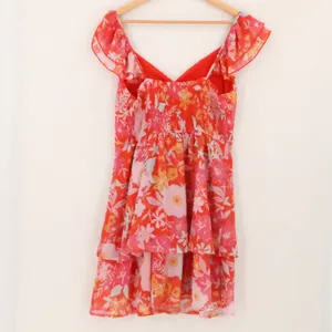 North End Floral Ruffle Tiered Chiffon Mini Dress Womens Size M Red Pink Boho Tropical Ga thumbnail 2
