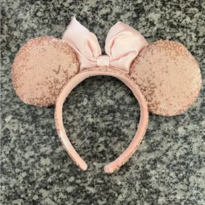 Disney Rose Gold Sequin Minnie Mouse Ears Headband with Pink Bow thumbnail 2