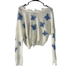 Just Polly Women White Blue Butterfly Distressed Cropped V-Neck‎ Sweater Large thumbnail 5