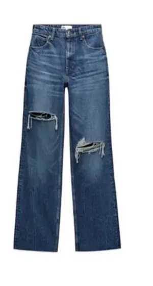 ZARA Wide Leg Distressed Jeans Size 2 dark wash thumbnail 1